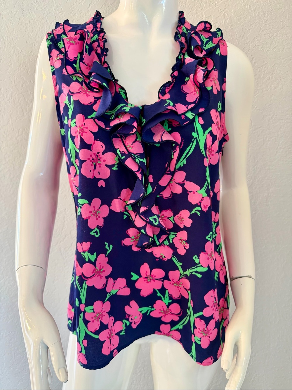 Lilly Pulitzer Navy Pink Green Floral Ruffle Sleeveless Blouse